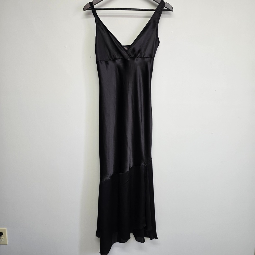 Vintage Donna Lingerie Slip Dress P/S Black Satin Chiffon Hem Goth‎ Grunge 90s